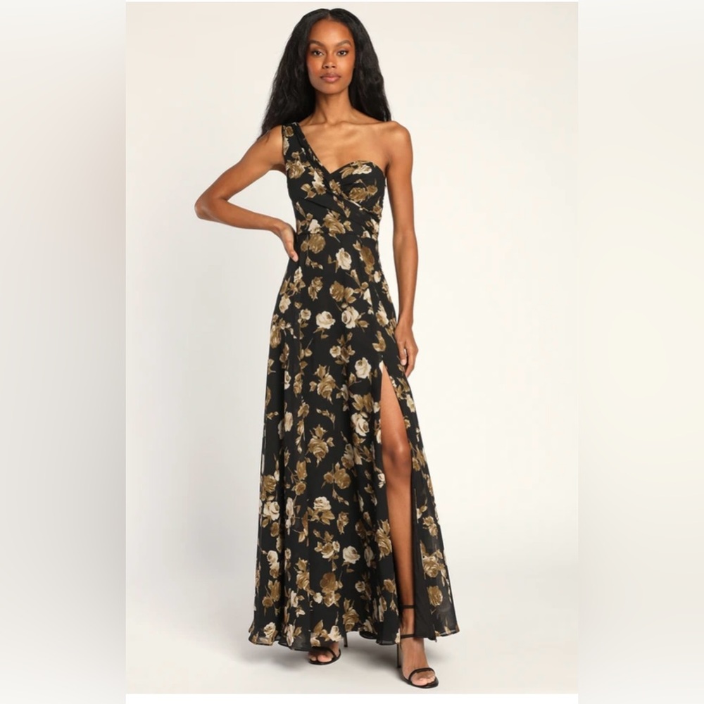 NEW! “Fashionably Refined Black Floral Print One-Shoulder Maxi Dress” from Lulus